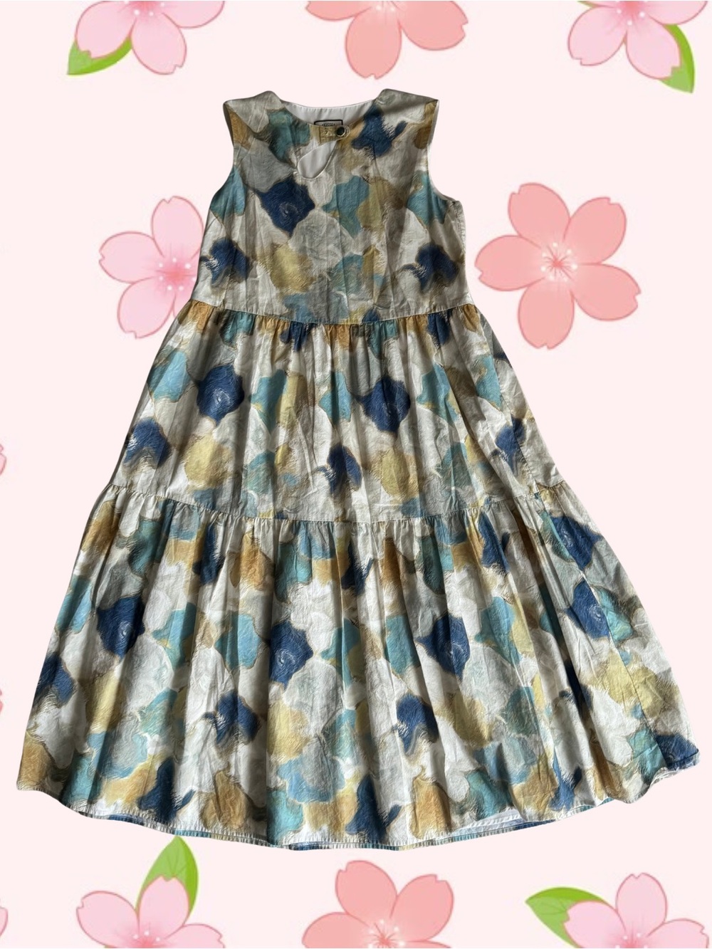 Girls Tiered Sleeveless Dress in Blue, Teal & Gold Floral